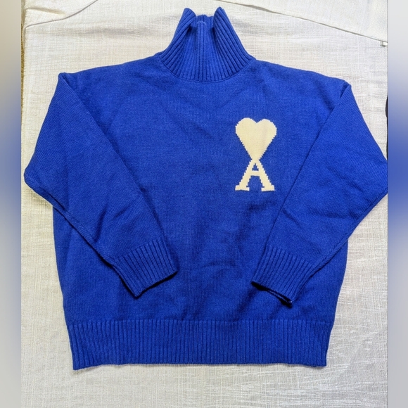 Ami Sweaters - AMI Paris Blue Ami de Coeur Heart Logo Turtleneck Sweater